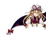  1girl 83mkneinlsqmebq blonde_hair bow commentary gap_(touhou) hair_bow hat hat_ribbon highres long_hair long_sleeves mob_cap purple_tabard red_ribbon ribbon simple_background solo tabard touhou upper_body white_background white_hat wide_sleeves yakumo_yukari yellow_eyes 
