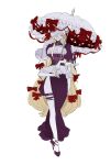  1girl alternate_costume blonde_hair closed_mouth commentary dress earrings elbow_gloves full_body gap_(touhou) glasses gloves hair_ribbon high_heels holding holding_umbrella jewelry legs long_hair looking_at_viewer one_eye_covered puffy_short_sleeves puffy_sleeves purple_dress purple_eyes purple_shoes red_eyes ribbon round_eyewear shoes short_sleeves side_slit smile solo standing thigh_strap touhou umbrella very_long_hair white_gloves yakumo_yukari zenritsu 