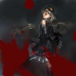  1girl bare_shoulders black_background black_dress black_gloves blood blood_splatter commentary cowboy_shot dress elbow_gloves from_behind gloves hair_ornament holding holding_knife knife lolita_fashion long_hair looking_at_viewer looking_back mayu_(vocaloid) platinum_blonde_hair skirt_hold smile solo vocaloid yamakawa_umi yellow_eyes 