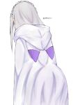  1girl animal_ears animal_hood artist_name braid cloak commentary_request crown_braid emilia_(re:zero) fake_animal_ears hair_ornament highres hood long_hair miffy201011 pointy_ears re:zero_kara_hajimeru_isekai_seikatsu simple_background white_background white_cloak white_hair x_hair_ornament 