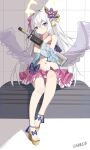  1girl absurdres angel_wings assault_rifle azusa_(blue_archive) azusa_(swimsuit)_(blue_archive) bare_shoulders bead_necklace beads bikini bikini_skirt blue_archive blush bow breasts closed_mouth commentary crescent_halo crossed_bangs feathered_wings flower frilled_bikini frills full_body gun hair_between_eyes hair_flower hair_ornament halo haruteru highres holding holding_gun holding_weapon jewelry long_hair looking_at_viewer m4_carbine navel necklace official_alternate_costume pink_bikini pink_eyes purple_eyes purple_flower rifle ruffle_bikini small_breasts smile solo strapless strapless_bikini swimsuit very_long_hair weapon white_hair white_wings winged_halo wings yellow_halo 
