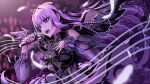  1girl black_bow black_dress blunt_bangs bow breasts commentary_request commission detached_sleeves dress feathered_wings feathers floating_hair frilled_dress frills hand_on_own_chest highres holding holding_microphone idol indie_virtual_youtuber long_hair long_sleeves microphone multicolored_hair open_mouth purple_bow purple_eyes purple_hair purple_theme ribbon see-through_clothes see-through_sleeves singing skeb_commission solo sweat teeth tiara virtual_youtuber wings yuito_(yuitokobunasbs0) 