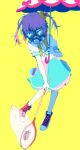  1girl aqua_skirt aqua_trim beetle bow bug butterfly_net character_request commentary_request copyright_request gas_mask hair_bow hand_net holding holding_umbrella mask purple_hair red_shoes red_umbrella shiu_(pika) shoes short_twintails simple_background skirt sneakers socks solo twintails umbrella under_umbrella white_socks yellow_background yellow_bow 
