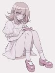  1girl :o ass commentary danganronpa_(series) danganronpa_2:_goodbye_despair dress handheld_game_console highres holding holding_handheld_game_console medium_hair nanami_chiaki no_hair_ornament panties pink_eyes pink_shoes playing_games puffy_short_sleeves puffy_sleeves shoes short_sleeves sitting socks solo underwear untranslatable_commentary uppp white_dress white_panties white_socks 