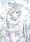  1girl absurdres animal_ears bow cat_ears cat_girl closed_mouth commentary_request crossed_legs crt grey_eyes grey_hair hair_bow highres komi_eshi looking_at_viewer original shirt sitting solo television white_shirt 