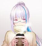  1girl alternate_costume blue-framed_eyewear blue_hair blush braid braided_base commentary_request covered_mouth cup disposable_coffee_cup disposable_cup glasses grey_background hands_up holding holding_cup lize_helesta long_hair long_sidelocks long_sleeves looking_to_the_side multicolored_hair nijisanji ponytail ponytail_with_braided_base purple_eyes semi-rimless_eyewear sidelocks simple_background solo steaming_cup straight-on streaked_hair sweater turtleneck turtleneck_sweater two-tone_hair upper_body virtual_youtuber white_hair zyenokana 