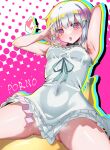  1girl absurdres arm_behind_head arm_up armpits ass_visible_through_thighs black_choker blush breasts bright_pupils character_name choker colored_inner_hair commentary_request condom condom_packet_strip condom_wrapper covered_navel cowboy_shot dohna_dohna_issho_ni_warui_koto_o_shiyou dress dress_ribbon drop_shadow dutch_angle fellatio_gesture foreshortening frilled_dress frills from_below gabanborjarnon green_ribbon grey_hair hair_between_eyes hair_ornament hand_up heart heart_hair_ornament highres looking_at_viewer medium_hair multicolored_hair open_mouth pink_background pink_eyes pink_hair pinky_out polka_dot polka_dot_background porno_(dohna_dohna) ribbon shirt short_dress simple_background sitting sleeveless sleeveless_dress small_breasts solo spaghetti_strap speech_bubble spiked_choker spikes spoken_heart strap_slip striped_clothes striped_shirt sweat thighs tongue tongue_out white_dress white_pupils 