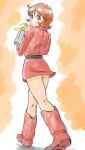  1girl :o ahoge ass belt black_belt boots brown_eyes brown_hair collared_dress dress earth_federation fraw_bow from_behind full_body gundam holding knee_boots kneepits looking_back matirine medium_hair military military_uniform mobile_suit_gundam no_panties pink_boots pink_dress solo standing 