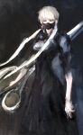  1girl absurdres black_background black_dress blonde_hair braid choujin_x dress facing_viewer highres holding holding_scissors holding_weapon kyezzzz long_dress looking_to_the_side mask mouth_mask ririka_umezawa scissors solo twin_braids weapon 