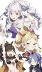  4girls alternate_hairstyle arm_up beatrice_(re:zero) bikini black_bikini black_bra black_cape blonde_hair blue_eyes blue_hair blunt_bangs blush bodysuit bra braid breasts brown_hair butterfly-shaped_pupils cape cloak closed_eyes cropped_torso danroneko drill_hair drill_ponytail elf emilia_(re:zero) flower frilled_ribbon frills green_eyes grey_hair group_hairstyle_switch hair_flower hair_ornament hair_ribbon hairstyle_switch high_ponytail highres long_hair meili_portroute multi-tied_hair multiple_girls navel open_mouth parted_bangs pink_ribbon pointy_ears ponytail purple_bodysuit purple_eyes re:zero_kara_hajimeru_isekai_seikatsu ribbon shaula_(re:zero) short_eyebrows sidelocks simple_background stomach swimsuit symbol-shaped_pupils teeth underwear upper_teeth_only white_background white_cloak white_flower 