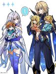  ... 2girls 3boys aether_(genshin_impact) aged_down aqua_scarf bare_shoulders black_gloves black_pants blonde_hair blue_eyes braid braided_ponytail cape carrying carrying_multiple_people carrying_person child child_carry closed_mouth commentary_request dainsleif_(genshin_impact) dress expressionless eye_mask feet_out_of_frame flower genshin_impact gloves grey_hair hair_between_eyes hair_flower hair_ornament half_eye_mask highres holding holding_stuffed_toy long_hair long_sleeves looking_at_another lumine_(genshin_impact) mask multiple_boys multiple_girls mystical_high_collar one_eye_covered orange_hair pants purple_hands red_eyes scarf shared_speech_bubble short_hair short_hair_with_long_locks simple_background skirk_(genshin_impact) speech_bubble spoken_ellipsis stuffed_toy stuffed_whale sw_chestnut tartaglia_(genshin_impact) tartaglia_(young)_(genshin_impact) twitter_username very_long_hair white_background white_dress yellow_eyes 