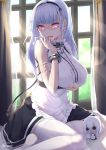  1girl apron azur_lane breasts choker dido_(azur_lane) doll dress earrings hairband hand_on_head highres jewelry large_breasts light_blue_hair long_hair looking_at_viewer maid maid_apron maid_dress mofu_cat001 open_mouth purple_eyes scared sitting solo thighhighs white_legwear 