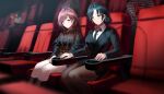  2girls black_skirt black_socks chair commission crepe_commission female_producer_(idolmaster) green_hair highres higuchi_madoka idolmaster idolmaster_shiny_colors multiple_girls necktie oc_x_canon on_chair producer_(idolmaster) red_hair silence_girl sitting skirt smile socks suit yellow_eyes 