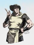  1boy belt blonde_hair cigarette cleft_chin closed_eyes closed_mouth cowboy_hat hat hol_horse jojo_no_kimyou_na_bouken lips muscular muscular_male pointing smile solo stardust_crusaders tmblyeet 