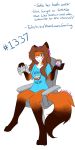  1:2 2020 4_toes 5_fingers anthro barefoot biped blue_clothing blue_eyes blue_shirt blue_topwear brown_body brown_fur brown_hair canid canine canis chest_tuft clothing controller countershade_face countershade_torso countershading digital_media_(artwork) dipstick_tail english_text eyebrows eyelashes facial_markings female fingers fluffy fluffy_tail fox full-length_portrait fur furniture game_controller gaming gloves_(marking) hair head_markings headgear headphones headset hi_res holding_object humanoid_hands laura_(twokinds) leg_markings long_hair looking_at_viewer mammal markings multicolored_body multicolored_fur multicolored_tail number one_eye_closed orange_body orange_fur paws portrait red_fox shirt signature simple_background sitting socks_(marking) solo text toes topwear tuft twokinds video_games webcomic wink wolfie-pawz 