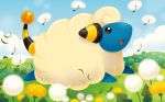  0313 :d black_eyes blue_sky cloud cloudy_sky creature dandelion day flower full_body gen_2_pokemon mareep no_humans official_art open_mouth outdoors pokemon pokemon_(creature) pokemon_trading_card_game profile running sheep sky smile solo third-party_source 
