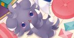  0313 book creature envelope espurr full_body gen_6_pokemon lying no_humans official_art on_back pokemon pokemon_(creature) pokemon_trading_card_game purple_eyes solo third-party_source 