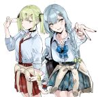  2girls bag bang_dream! bang_dream!_it's_mygo!!!!! black_choker black_nails blue_bow blue_bowtie blue_hair blue_skirt bow bowtie braid cardigan cardigan_around_waist character_doll choker clothes_around_waist commentary doll green_nails gyaru gyaru_v highres jewelry long_hair multiple_girls nail_polish necklace necktie oblivionis_(bang_dream!) open_mouth osakana_(denpa_yun'yun) plaid_clothes plaid_skirt pleated_skirt red_necktie red_skirt shirt shoulder_bag simple_background skirt togawa_sakiko twin_braids twintails untranslatable_commentary v wakaba_mutsumi white_background white_shirt yellow_eyes 