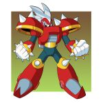 1boy android armor blue_eyes bracelet clenched_hands commentary english_commentary facial_mark full_body gloves helmet highres jetpack jewelry knee_spikes mega_man_(classic) mega_man_(series) no_mouth punk_(mega_man) red_armor red_helmet robot shoulder_armor solo spiked_armor spiked_bracelet spiked_helmet spikes toastiepumpkin two-tone_background white_gloves 