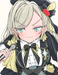  1girl :3 black_hat black_jacket blue_eyes blush breasts ceras_yanagida_lilienfeld closed_mouth collared_shirt commentary gem grey_hair hat holding holding_microphone jacket large_breasts looking_at_viewer love_live! love_live!_hasu_no_sora_jogakuin_school_idol_club microphone red_gem shirt short-sleeved_jacket short_sleeves simple_background smile solo subayuu_(my5hadtv1abyku9) sweat theater_ikizama v-shaped_eyebrows virtual_youtuber white_background 