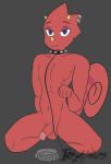  2020 animal_crossing anthro areola balls blue_eyes bowl chameleon collar english_text erection flick_(animal_crossing) genitals grey_background half-closed_eyes hi_res horn inkyobus leash lizard looking_at_viewer male narrowed_eyes navel nintendo nipples nude on_ground pecs penis petplay piercing red_body red_skin reptile roleplay scalie simple_background sitting solo spikes spread_legs spreading text video_games 