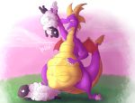  2019 activision belly big_belly bovid caprine dragon feral fur group hi_res horn male male_pred mammal membrane_(anatomy) membranous_wings purple_body purple_scales scales sheep simple_background size_difference solo_focus spyro spyro_the_dragon standing tongue tongue_out unknown_artist video_games vore white_body white_fur wings 