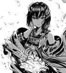  1girl absurdres armor character_request closed_mouth commentary detached_sleeves eyelashes falling_petals flower-shaped_pupils gibagiba greyscale hair_ornament highres holding holding_sword holding_weapon katana long_hair monochrome monster_strike petals solo sword symbol-shaped_pupils weapon 