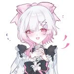  1girl bow dress flower frilled_dress frilled_dress_collar frilled_sleeves frills gradient_hair hair_bow hair_ornament heart highres holding holding_microphone light_blush long_sleeves looking_at_viewer mahou_shoujo_no_majo_saiban microphone multicolored_hair open_mouth pink_bow pink_eyes portrait puffy_sleeves sakuraba_ema short_hair simple_background solo souri_10244 white_background white_hair x_hair_ornament 