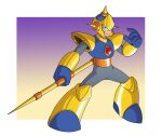  1boy android armor blue_gloves chest_jewel clenched_teeth enker_(mega_man) fighting_stance full_body gloves green_eyes helmet highres holding holding_polearm holding_weapon looking_at_viewer mega_man_(classic) mega_man_(series) polearm robot solo spiked_helmet teeth toastiepumpkin two-tone_background weapon yellow_armor yellow_helmet 