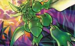  claws cloud cloudy_sky creature fangs full_body gen_1_pokemon kusajima_hajime no_humans official_art outdoors pokemon pokemon_(creature) pokemon_trading_card_game scyther sky solo sunlight third-party_source twilight 