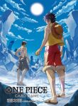  back_tattoo black_hair black_shorts blue_sky cloud cloudy_sky commentary_request copyright_logo copyright_name copyright_notice from_behind full_body fur-trimmed_shorts fur_trim hat hat_on_back logo monkey_d._luffy moreshan one_piece one_piece_card_game portgas_d._ace red_shorts ruins sandals short_hair shorts sky standing straw_hat sun tattoo topless_male vest yellow_vest 