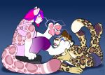  2020 5_fingers anthro blue_background breasts carifoxleopard clothed clothing digital_media_(artwork) duo felid female fingers leopard male mammal mind_control open_mouth pantherine simple_background smile teeth tongue 
