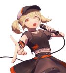  1girl :d azusawa_kohane baseball_cap belt black_belt black_shirt black_skirt blonde_hair bracelet brown_eyes burn_my_soul_(project_sekai) commentary_request dot_nose hair_between_eyes hat highres holding holding_microphone jewelry korean_commentary looking_at_viewer microphone midriff multiple_bracelets necklace official_alternate_costume open_mouth orange_belt pointing pointing_at_viewer project_sekai sekapro32 shirt short_hair short_sleeves sidelocks simple_background skirt smile solo twintails white_background 