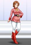  1girl belt black_belt blurry blurry_background blush boots brown_eyes brown_hair collared_jacket covered_knees earth_federation fraw_bow gundam hadant hand_on_own_hip high-waist_belt jacket knee_boots long_sleeves medium_hair mobile_suit_gundam neckerchief pantyhose pink_jacket red_boots smile solo standing standing_on_one_leg white_pantyhose yellow_neckerchief 