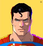  1boy artist_logo artist_name black_hair blue_bodysuit blue_eyes bodysuit cape clark_kent close-up closed_mouth cropped_shoulders dc_comics headshot highres logo looking_at_viewer male_focus muscular muscular_male portrait raynerahman red_cape short_hair simple_background solo straight-on superhero_costume superman superman_(series) superman_logo yellow_background 