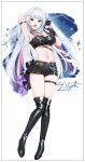  1girl absurdres arm_strap belt black_belt black_boots black_choker black_shorts boots breasts choker commentary_request commission flower heterochromia highres holding holding_microphone linea_alba long_hair microphone mokokoiro navel open_mouth original purple_eyes red_eyes shorts signature skeb_commission solo stomach thigh_boots thigh_strap white_flower white_hair 