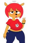  anthro big_breasts blush bovid breasts caprine clothed clothing female fur gesture hair hi_res horn lammy_lamb looking_at_viewer mammal orange_body orange_fur parappa_the_rapper red_hair sheep simple_background solo somescrub sony_corporation sony_interactive_entertainment standing thick_thighs um_jammer_lammy v_sign video_games white_background wide_hips 