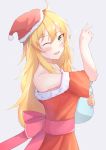  1girl absurdres belt blonde_hair blush christmas_dress christmas_tree_hat green_eyes grey_background highres hoshii_miki idolmaster idolmaster_(classic) long_hair looking_at_viewer merry_christmas one_eye_closed open_mouth pink_belt sellf simple_background smile solo v 