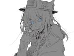  1girl alternate_eye_color alternate_hair_length_(longer) blue_eyes bow collared_shirt commentary dated_commentary hair_between_eyes hair_bow hat hat_bow highres long_hair long_sleeves looking_at_viewer necktie open_mouth oriharareimu shirt solo spot_color touhou usami_renko white_background 