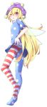  1girl ;p absurdres american_flag_dress american_flag_legwear ass blonde_hair blush bright_pupils clownpiece dress fairy_wings full_body hair_between_eyes hat highres hiro_(pqtks113) jester_cap long_hair looking_at_viewer neck_ruff no_shoes one_eye_closed pantyhose pointy_ears polka_dot purple_headwear red_eyes short_dress short_sleeves simple_background solo standing standing_on_one_leg star star_print striped tongue tongue_out touhou very_long_hair white_background wings 