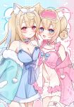  2girls absurdres animal_ear_fluff animal_ears asymmetrical_docking babydoll bandaid blonde_hair blue_babydoll blue_bow blue_choker blue_eyes blue_streaks bow braid breast_press breasts choker cleavage collarbone commentary_request crossed_bangs dog_ears dog_girl double_bun flower frilled_shorts frills fuwawa_abyssgard fuwawa_abyssgard_(pajamas) hair_between_eyes hair_bun hair_flower hair_intakes hair_ornament hairclip highres hololive hololive_english ichigousagi large_breasts long_hair looking_at_viewer low_twintails mococo_abyssgard mococo_abyssgard_(pajamas) multicolored_hair multiple_girls navel official_alternate_costume pink_babydoll pink_bow pink_choker pink_eyes pink_streaks shorts siblings sidelocks sisters sleep_mask smile stomach streaked_hair twin_braids twins twintails upper_body very_long_hair virtual_youtuber 