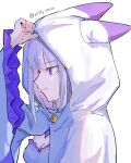  1girl adjusting_hood animal_ears animal_hood artist_name blue_sclera blunt_bangs breasts cleavage cloak colored_sclera commentary_request detached_collar dress emilia_(re:zero) fake_animal_ears highres hood long_hair miffy201011 purple_eyes re:zero_kara_hajimeru_isekai_seikatsu sidelocks simple_background solo white_background white_cloak white_dress white_hair 