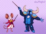  1boy 1girl :d animal_ears armor blue_bow blue_bowtie blue_skin blue_vest bootheghoul boots bow bowtie colored_skin commentary conductor_baton creator_connection crossover english_commentary fake_horns fewer_digits full_armor furry hand_up helmet horned_helmet horns jacket mina_the_hollower_(game) mouse_ears mouse_tail purple_background red_jacket red_vest shovel_knight shovel_knight_(character) smile standing suit tail vest 
