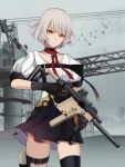  1girl absurdres choker city girls_frontline gun highres keiita looking_at_viewer orange_eyes shirt short_hair silver_hair skirt solo tagme vector_(girls_frontline) weapon white_hair 