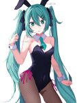  1girl animal_ears aqua_eyes aqua_hair aqua_necktie artist_name bare_shoulders black_leotard collar commentary_request covered_navel cowboy_shot detached_collar fishnet_pantyhose fishnets hair_between_eyes hair_intakes hair_ornament hairclip hand_up hatsune_miku highres leotard light_blush long_hair looking_at_viewer necktie oversized_breast_cup pantyhose playboy_bunny r0t_tr0 rabbit_ears short_necktie simple_background solo twintails twitter_username very_long_hair vocaloid watermark white_background white_collar wing_collar wrist_cuffs 