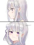  1girl artist_name blue_sclera blunt_bangs blush braid colored_sclera commentary_request crown_braid dirty dirty_face emilia_(re:zero) flower hair_flower hair_ornament hair_ribbon highres long_hair looking_at_viewer miffy201011 pointy_ears purple_eyes purple_ribbon re:zero_kara_hajimeru_isekai_seikatsu ribbon simple_background white_background white_flower white_hair x_hair_ornament 