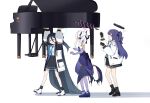  3girls absurdly_long_hair absurdres adon_(dufaladanidu) aqua_halo aris_(blue_archive) black_hair black_hairband black_halo black_horns black_skirt blue_archive blue_necktie commentary_request demon_horns demon_wings dress elbow_gloves evening_gown gloves grand_piano hair_between_eyes hairband halo highres hina_(blue_archive) hina_(dress)_(blue_archive) horns instrument jacket jacket_partially_removed long_hair long_hair_between_eyes long_sleeves mechanical_halo multiple_girls multiple_horns necktie official_alternate_costume official_alternate_hairstyle one_side_up open_mouth pantyhose piano pleated_skirt purple_dress purple_gloves purple_hair purple_pantyhose purple_wings rectangular_halo shirt simple_background skirt smile strapless strapless_dress two_side_up very_long_hair white_background white_hair white_shirt wings yuuka_(blue_archive) 