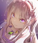  1girl blue_sclera blunt_bangs braid breasts cleavage colored_sclera commentary_request crown_braid detached_collar dress emilia_(re:zero) gem green_gem hair_ornament highres long_hair looking_at_viewer pointy_ears portrait purple_eyes re:zero_kara_hajimeru_isekai_seikatsu sidelocks solo tarxe56 white_dress white_hair x_hair_ornament 