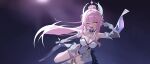  1girl absurdres aemeath_(wuthering_waves) breasts cleavage commentary elbow_gloves gloves highres holding holding_microphone kkyungkki large_breasts leotard microphone one_eye_closed open_mouth orange_eyes pink_hair showgirl_skirt skirt smile solo tacet_mark_(wuthering_waves) untranslatable_commentary v white_gloves white_leotard white_skirt wuthering_waves 