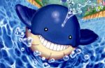  afloat black_eyes creature day flower full_body gen_3_pokemon grass grin kusajima_hajime no_humans official_art outdoors pokemon pokemon_(creature) pokemon_trading_card_game smile solo swimming third-party_source wailmer water 